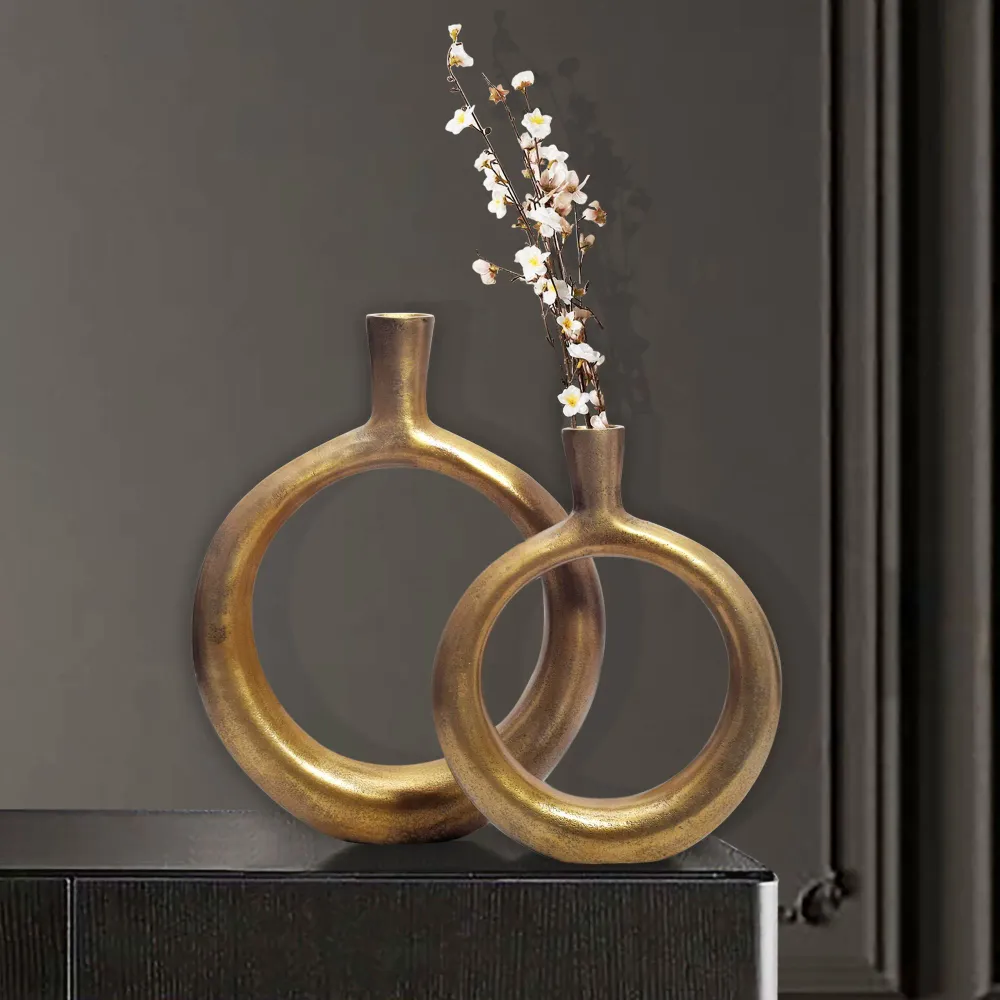 Dekorativ vase sæt med 2, aluminium guld donut blomstervaser, modish, runde dekorative vaser, 2-delt sæt til blomster, alu...