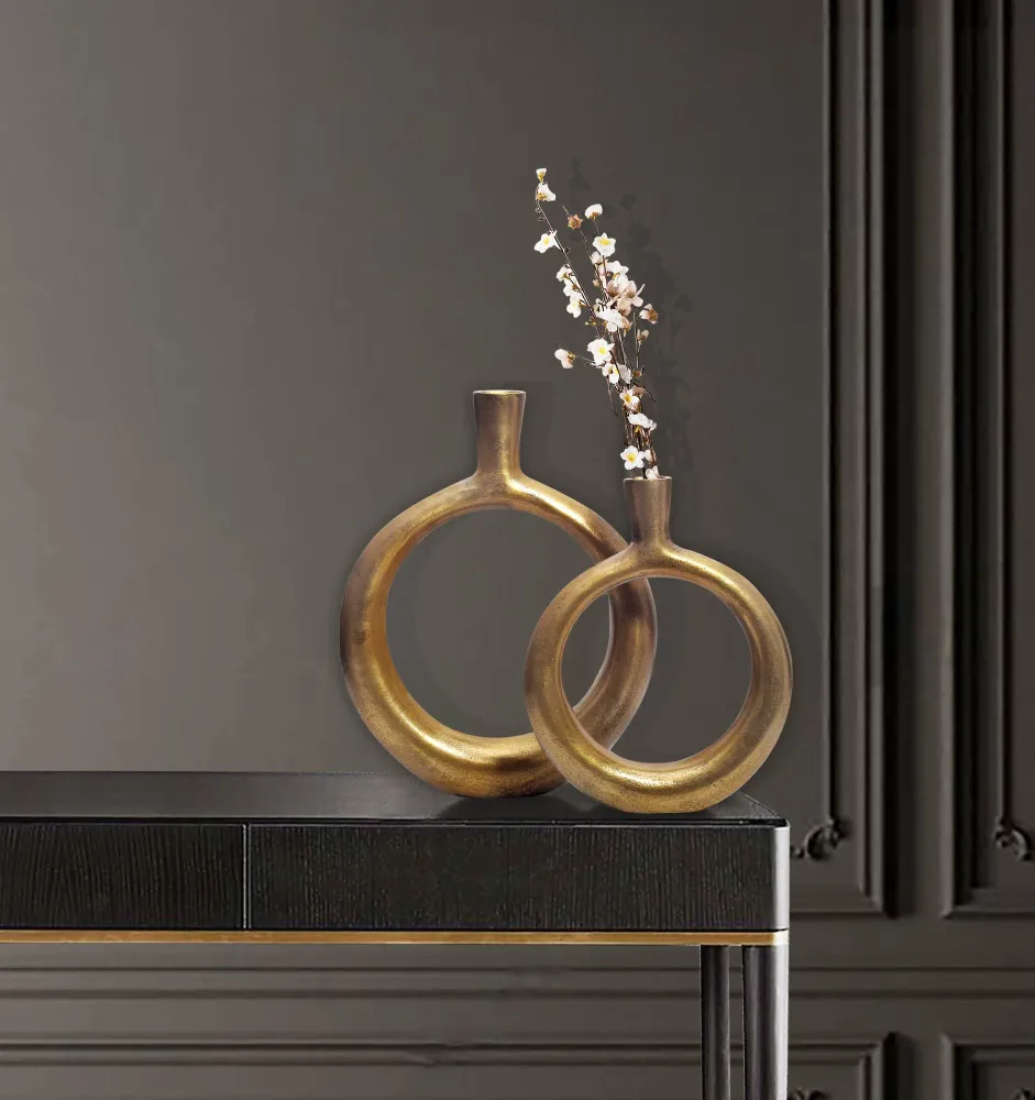 Dekorativ vase sæt med 2, aluminium guld donut blomstervaser, modish, runde dekorative vaser, 2-delt sæt til blomster, alu...