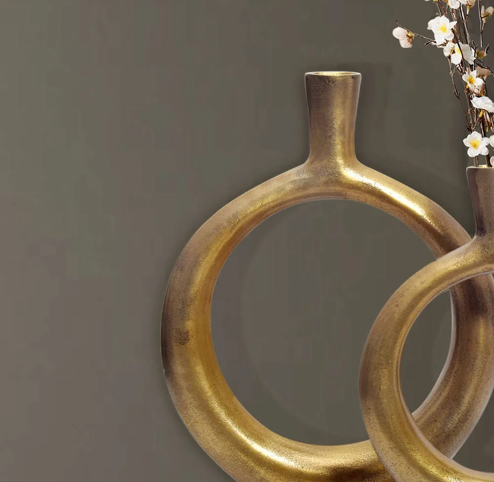 Dekorativ vase sæt med 2, aluminium guld donut blomstervaser, modish, runde dekorative vaser, 2-delt sæt til blomster, alu...