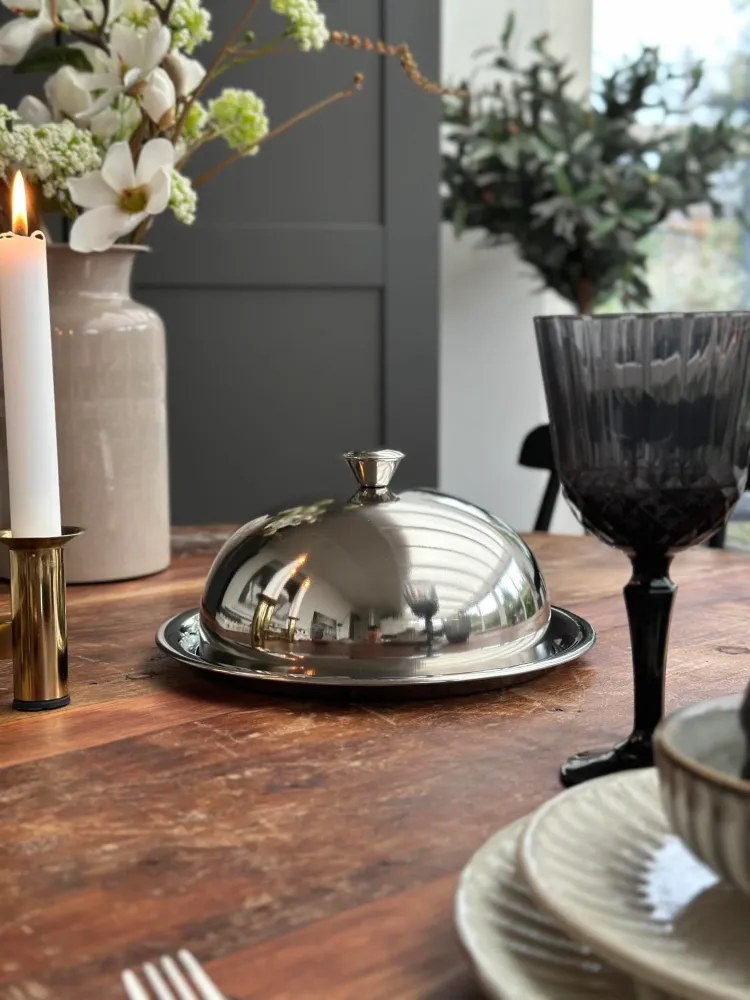 Madklokke med tallerken - Rustfrit metal Small