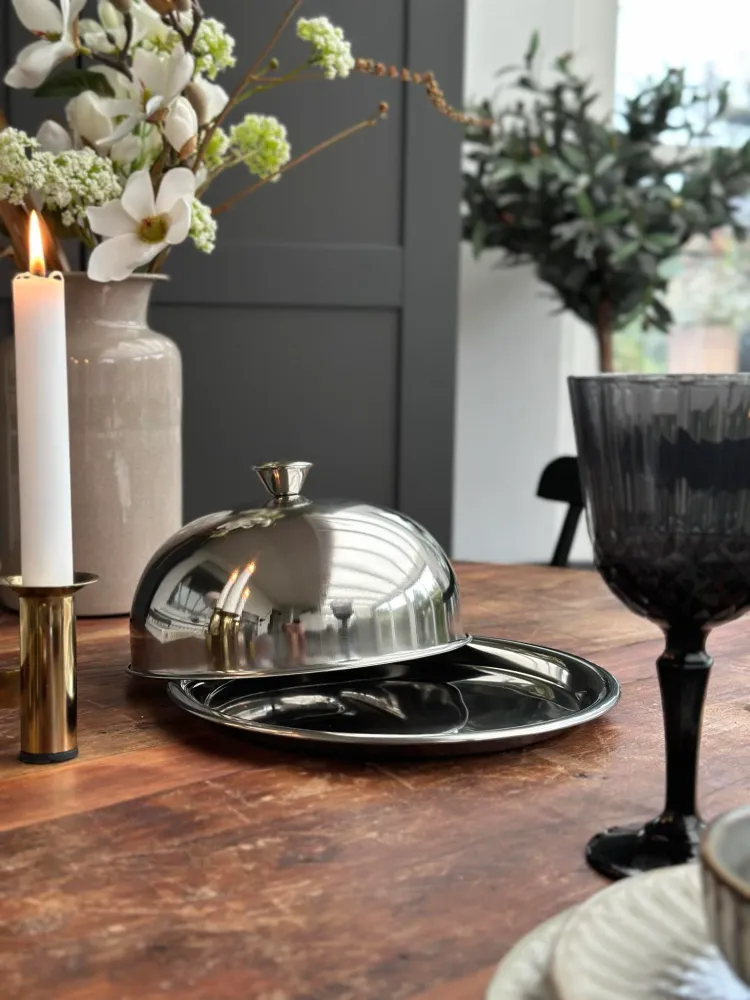 Madklokke med tallerken - Rustfrit metal Small