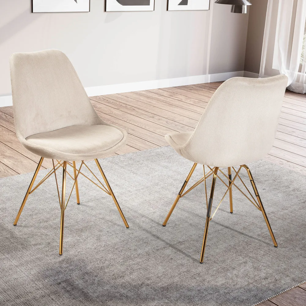 Spisestolssæt med 2, Cara stof khaki, køkkenstol med guldben, fløjlsskalstol, skandinavisk design, polstret stol med stofb...