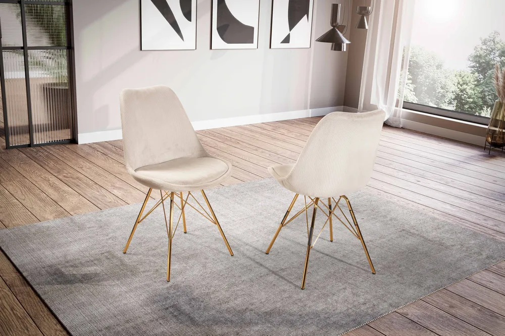 Spisestolssæt med 2, Cara stof khaki, køkkenstol med guldben, fløjlsskalstol, skandinavisk design, polstret stol med stofb...