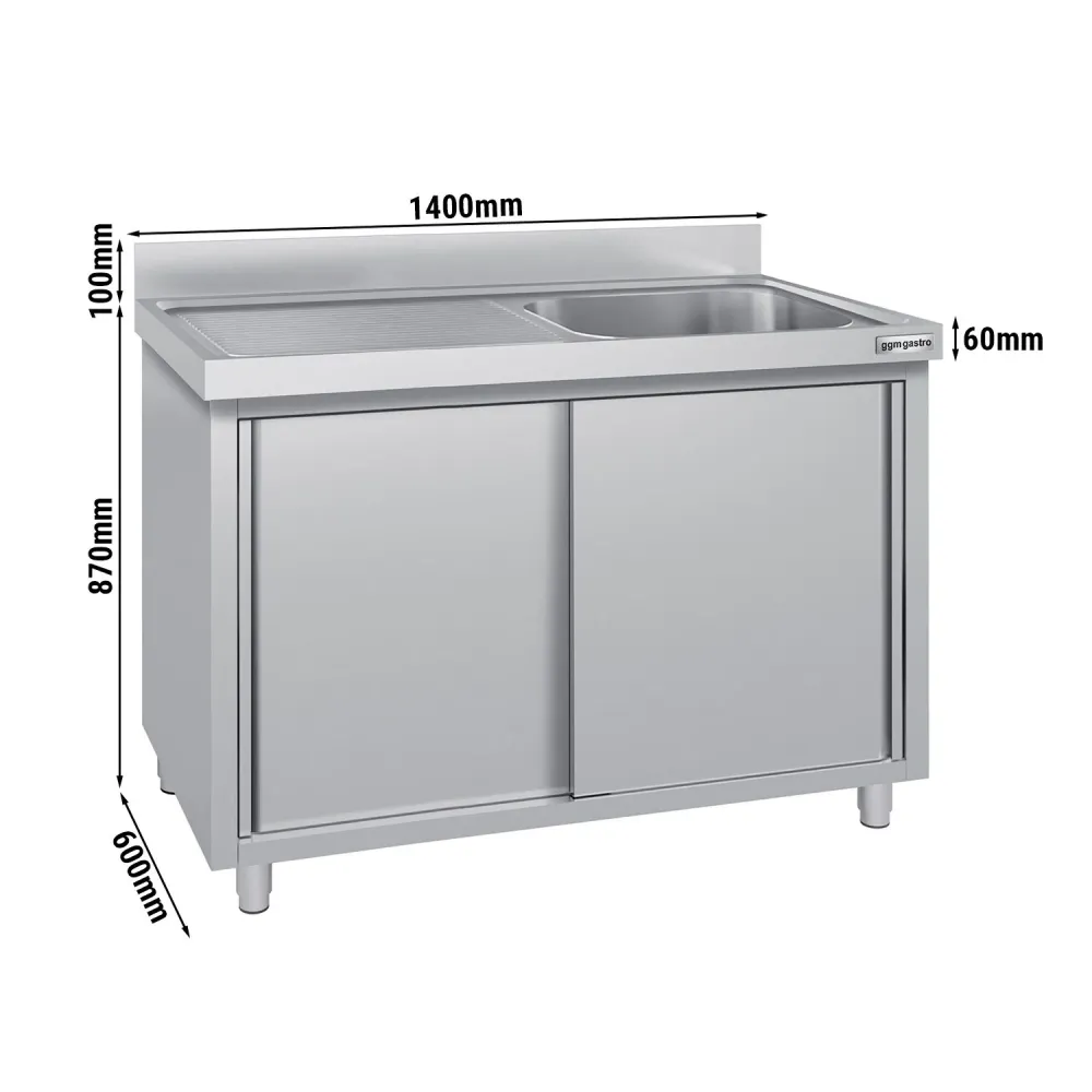 Stålskab med Vask til Gryder ECO - 1,4m - 1 vask til højre - L 50 x B 40 x D 25 cm