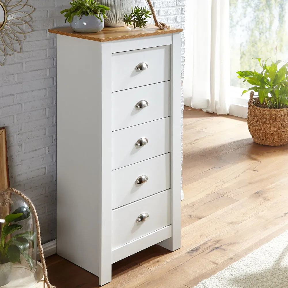 Skænk med 5 skuffer, 53x114x39 cm, kommode hvid / eg, chic look