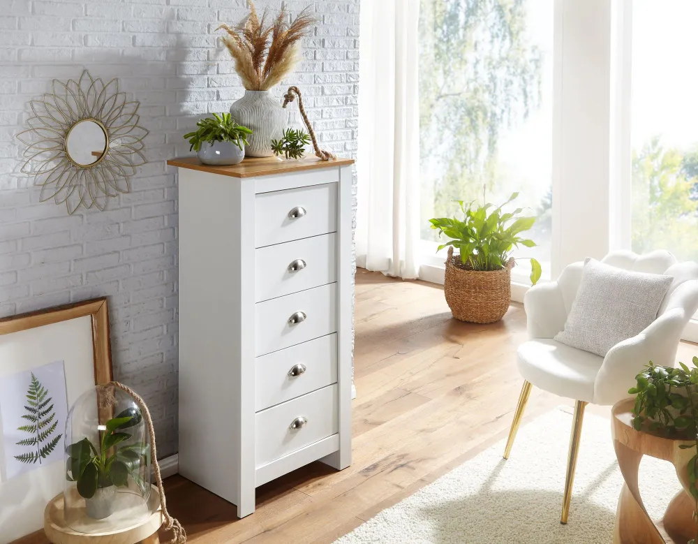 Skænk med 5 skuffer, 53x114x39 cm, kommode hvid / eg, chic look