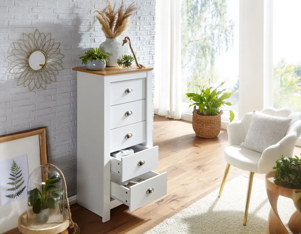 Skænk med 5 skuffer, 53x114x39 cm, kommode hvid / eg, chic look
