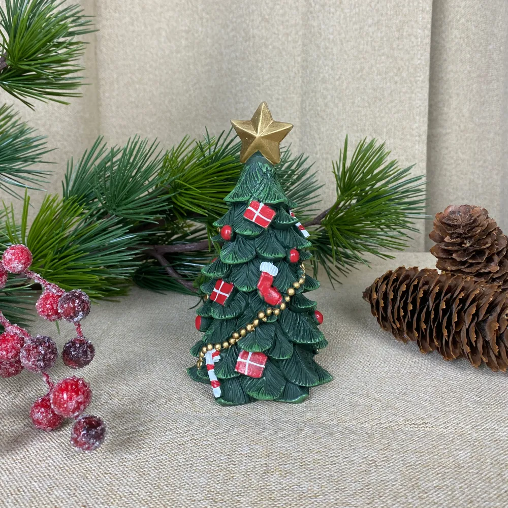 Juletræ med pynt 15 cm polyresin mørk grøn