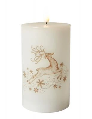 LED bloklys 1 stk. med rensdyrmotiv og 3D flamme - Creme