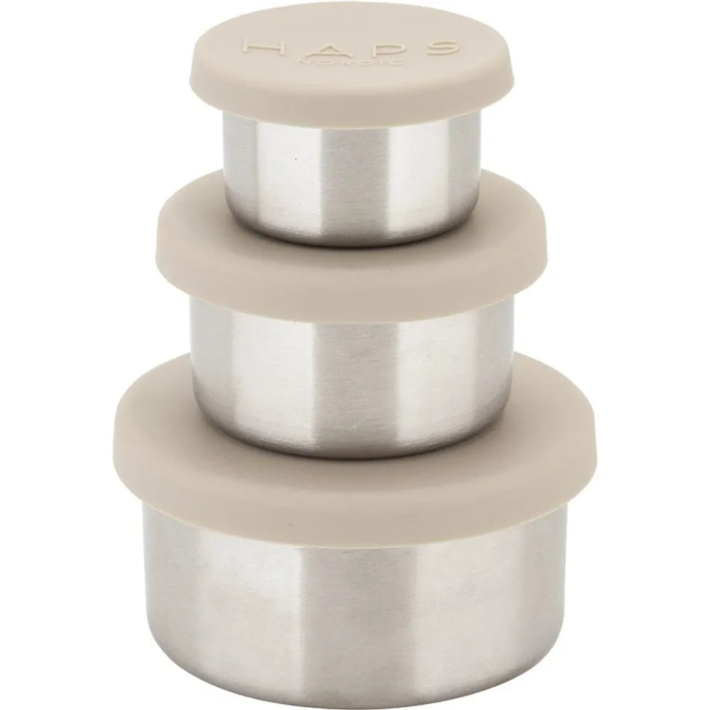Sæt med tre beholdere i rustfri metal og med silikonelåg fra Haps Nordic, Oyster Grey