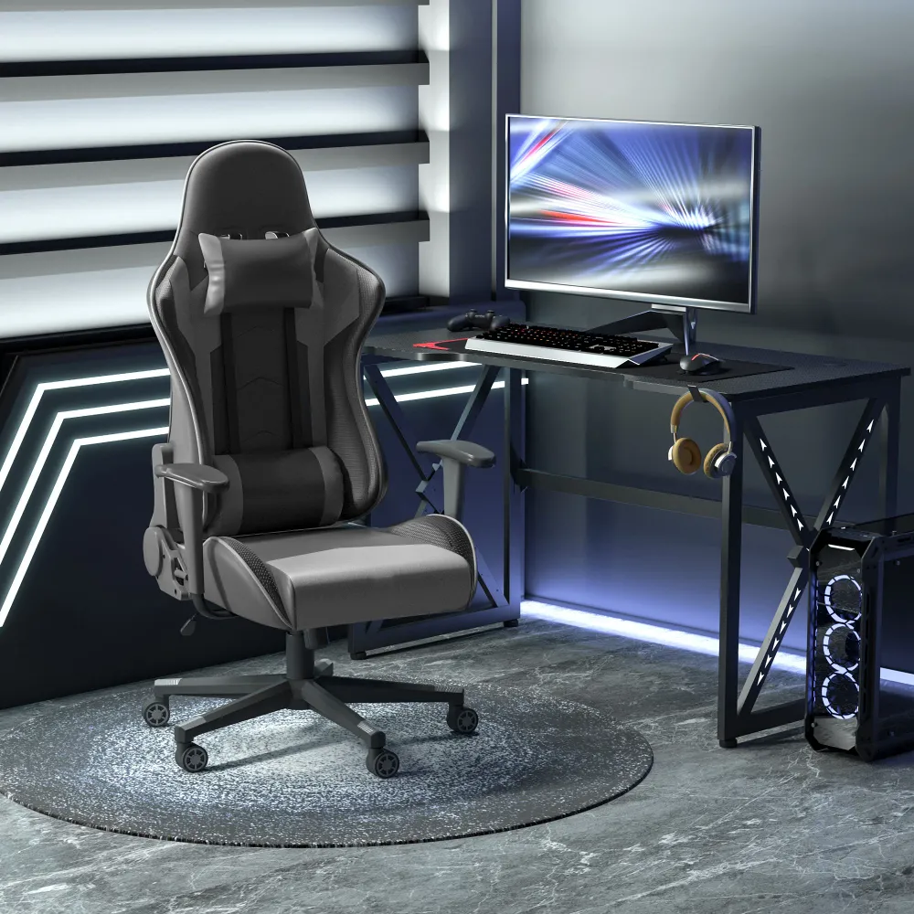 Comfort-designed kontorstol, gamingstol, drejestol, kunstlæder, skum, sort, 67,5 x 74 x 126-136 cm