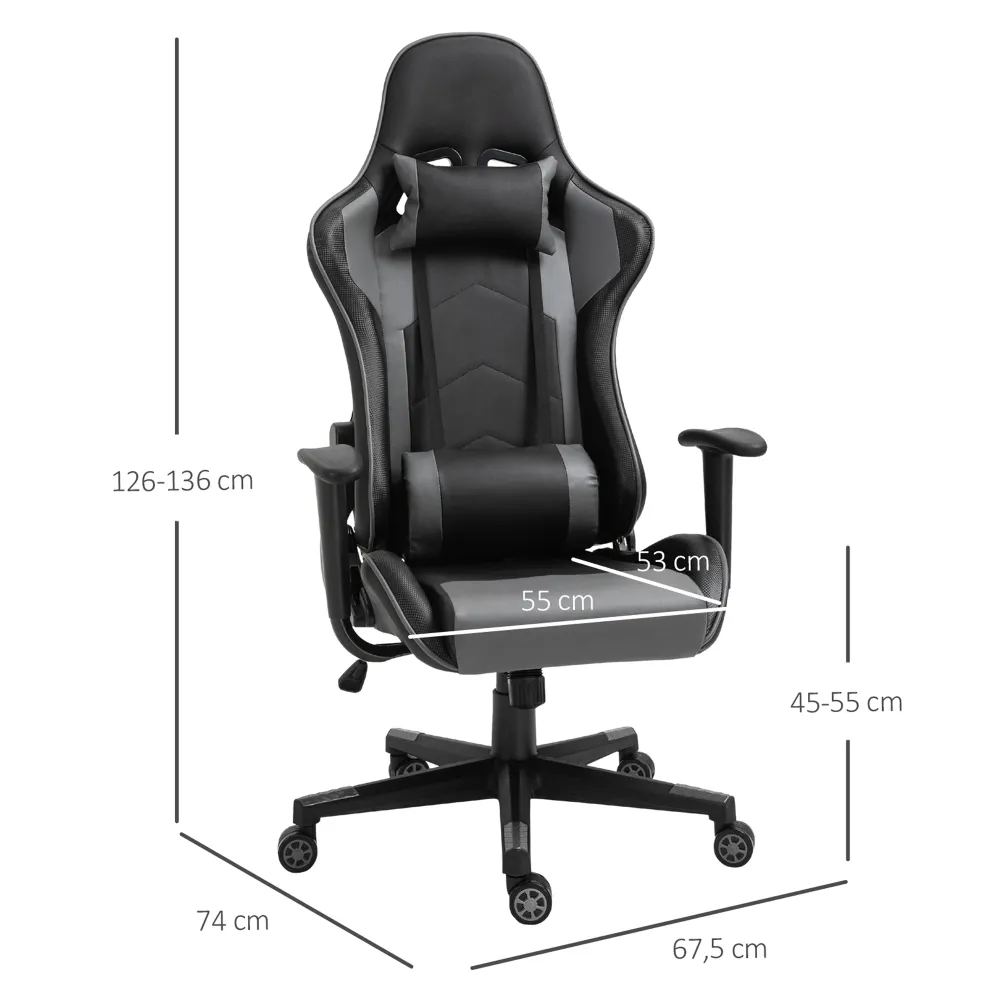 Comfort-designed kontorstol, gamingstol, drejestol, kunstlæder, skum, sort, 67,5 x 74 x 126-136 cm