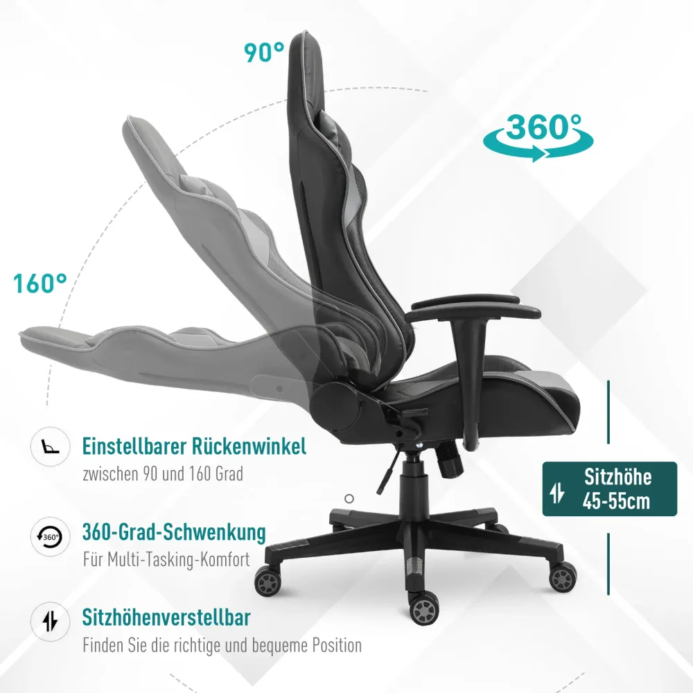 Comfort-designed kontorstol, gamingstol, drejestol, kunstlæder, skum, sort, 67,5 x 74 x 126-136 cm