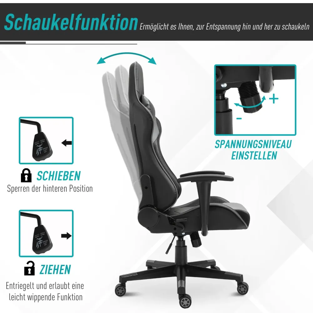 Comfort-designed kontorstol, gamingstol, drejestol, kunstlæder, skum, sort, 67,5 x 74 x 126-136 cm