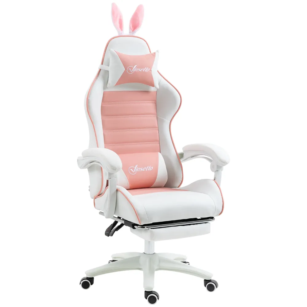 Gaming chair comfort-designed gamerstol med lændestøtte, fodstøtte, pude med kaninører, pink