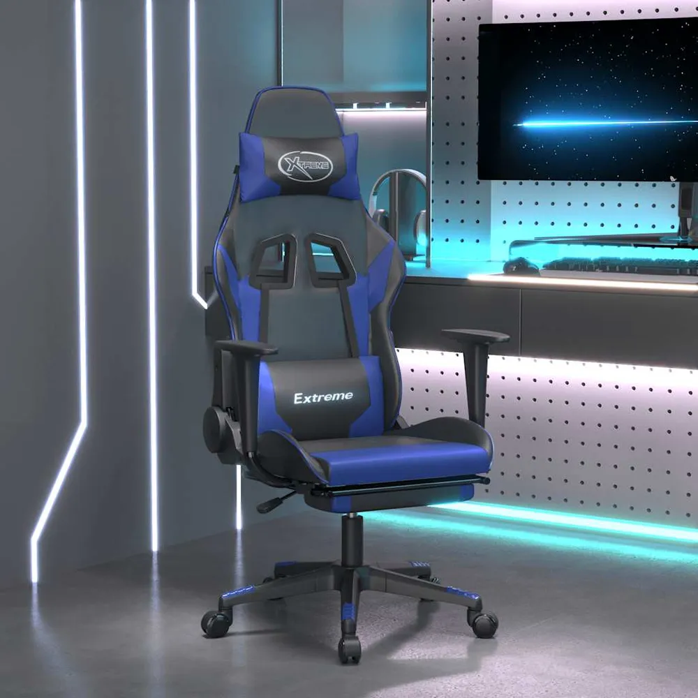 Gamingstol M. Massagefunktion Og Fodstøtte Kunstlæder Ebony Blå Sort