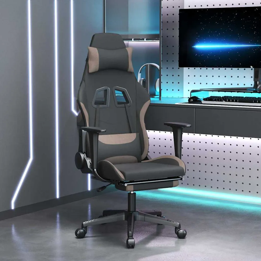 gamingstol med massagefunktion + fodstøtte stof charcoal og gråbrun