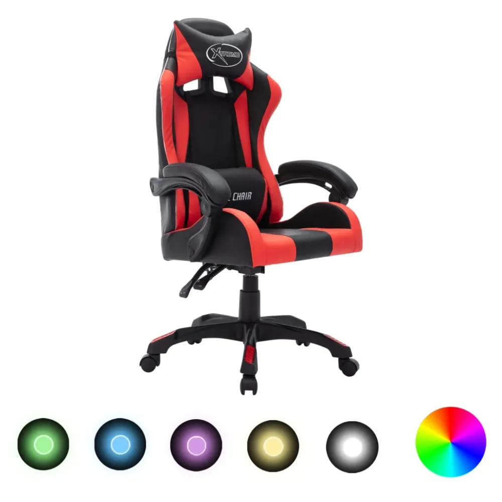Video Gaming gamingstol m. LED-lys RGB-farver kunstlæder rød og charcoal