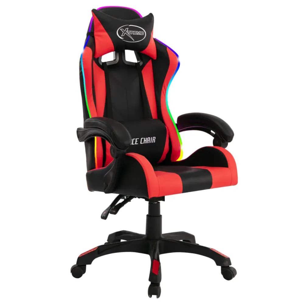 Video Gaming gamingstol m. LED-lys RGB-farver kunstlæder rød og charcoal