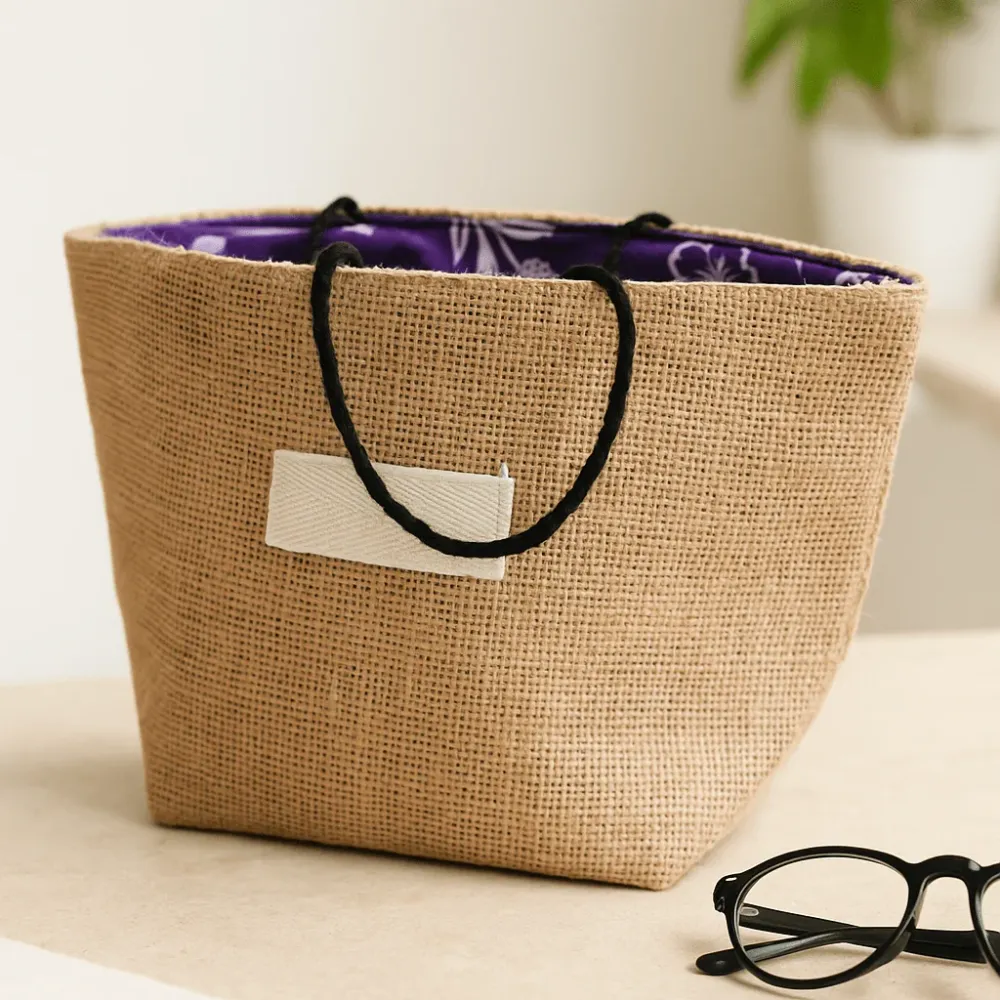 Naturlig jutegavepose med lavendel bomuldslining