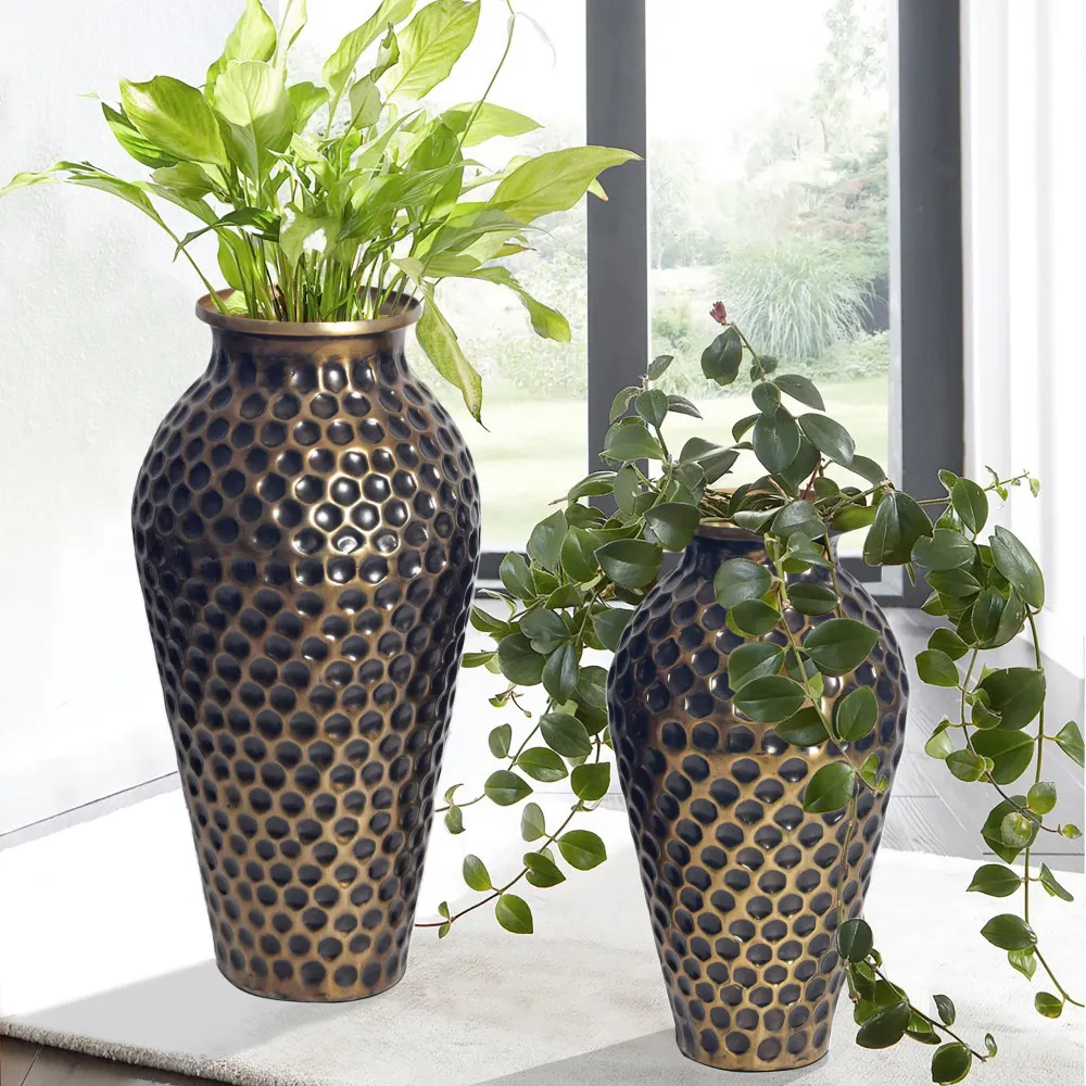 Dekorativ vase sæt med 2, aluminium guld amfora blomstervaser, moderne, runde dekorative vaser, 2-delt sæt til blomster, a...