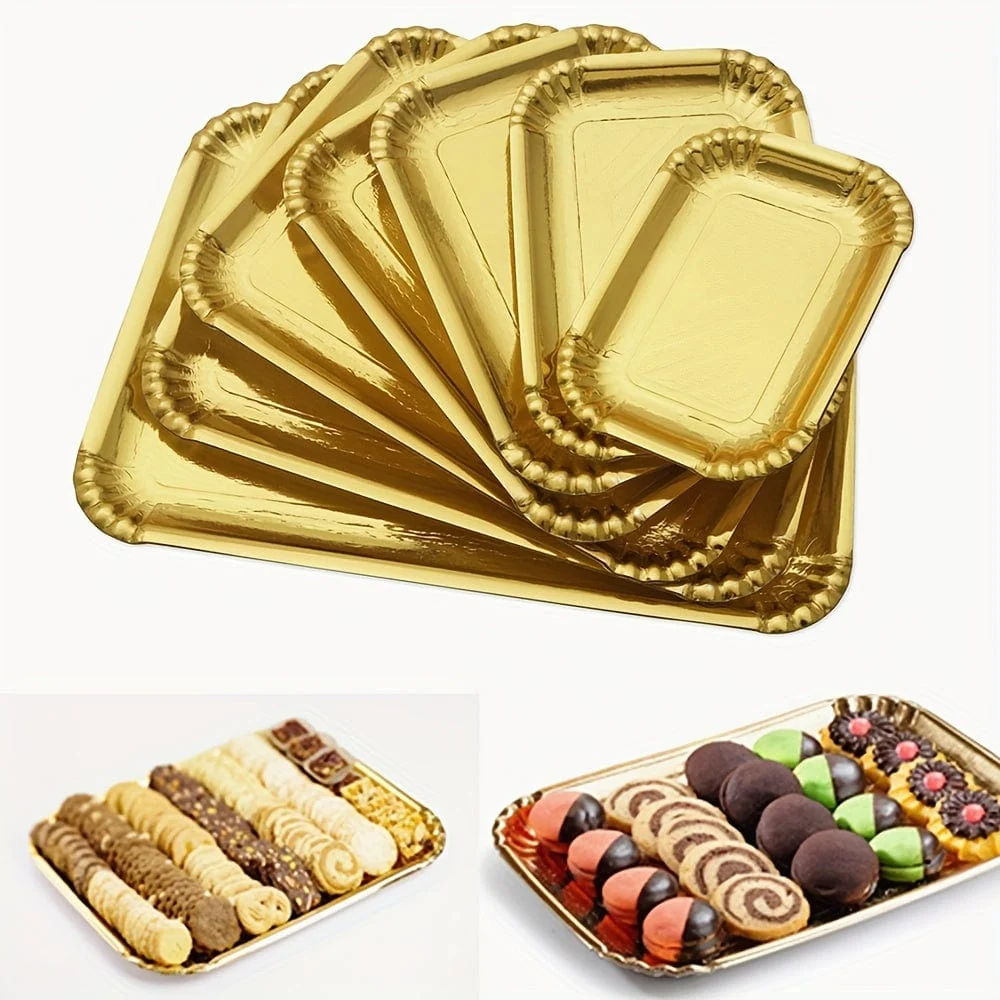 Sæt med 10 guld rektangulære kagebakker, engangs papbakker, fedttætte kagebunde, dessertbakker, kagedekorationer til feste...