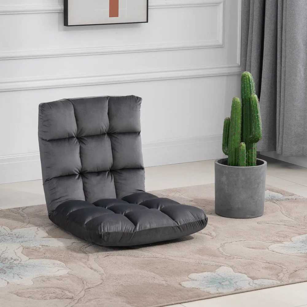 Lænestol gæstemadras gulvstol, tunable ryglæn, velourlook, 55 cm x 71 cm x 53,5 cm, grå