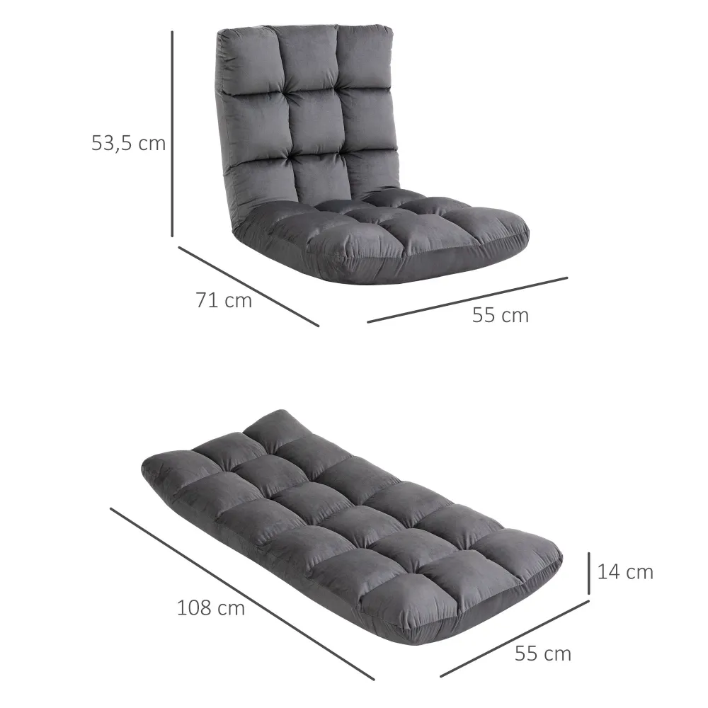 Lænestol gæstemadras gulvstol, tunable ryglæn, velourlook, 55 cm x 71 cm x 53,5 cm, grå