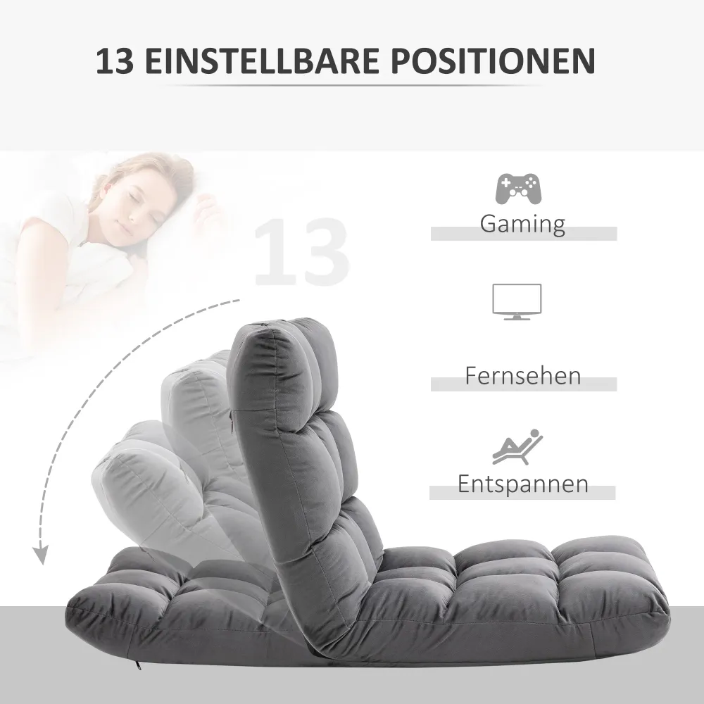 Lænestol gæstemadras gulvstol, tunable ryglæn, velourlook, 55 cm x 71 cm x 53,5 cm, grå