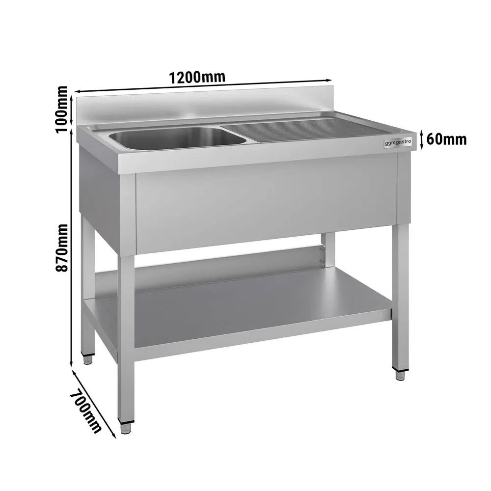 Stålbord med vask til gryder ECO - 1,2m - 1 vask til venstre L 50 x B 50 x D 30 cm
