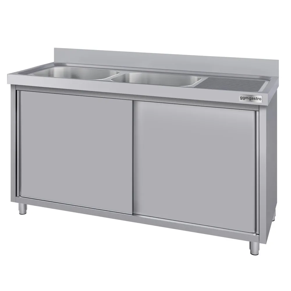 Stålskab med Vask til Gryder ECO - 1,4m - 2 vaske til venstre - L 40 x B 50 x D 25 cm