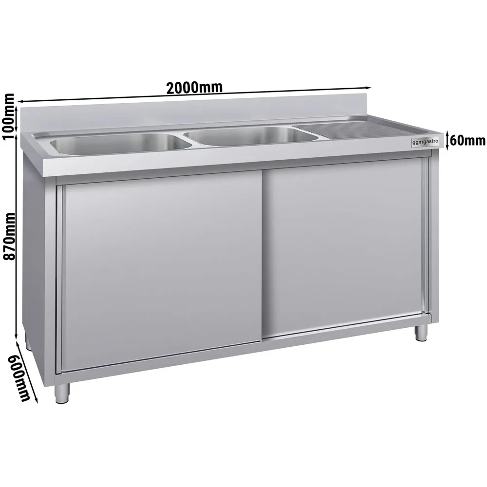 Stålskab med Vask til Gryder ECO - 2,0m - 2 vaske til venstre - L 50 x B 40 x D 25 cm