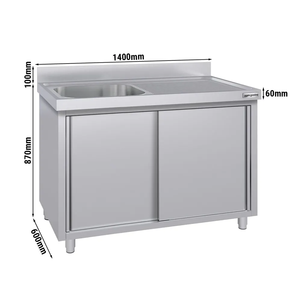 Stålskab med Vask til Gryder ECO - 1,4m - 1 vask til venstre - L 50 x B 40 x D 25 cm