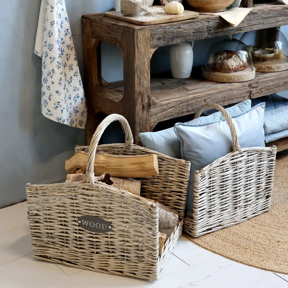 Chic Antique - Kurv til Brænde med Håndtag i Naturflet