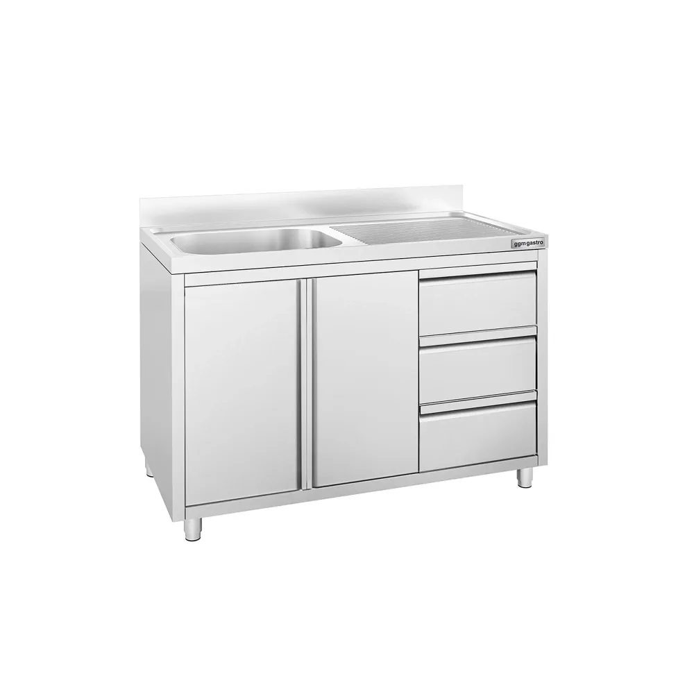 Køkkenvask rustfri - med underskab - med 3 skuffer - 1,2m - 1 vask til venstre - L 50 x B 40 cm
