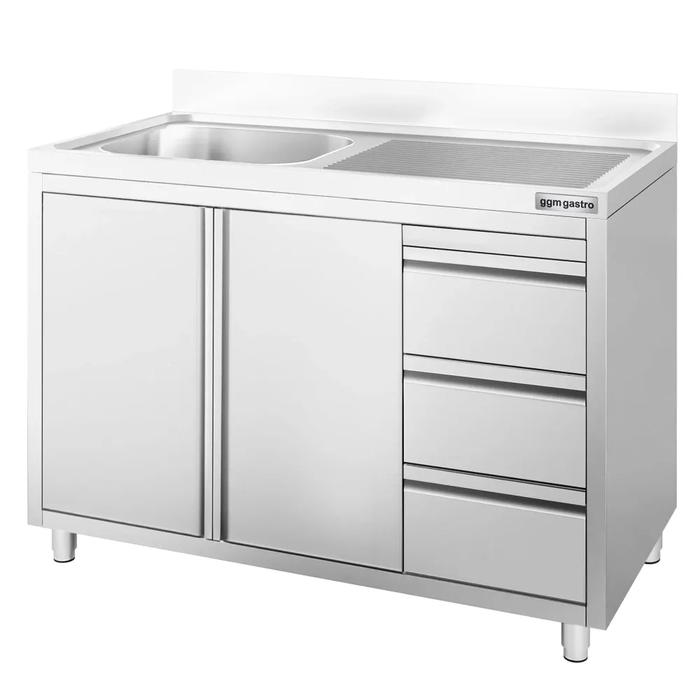 Køkkenvask rustfri - med underskab - med 3 skuffer - 1,2m - 1 vask til venstre - L 50 x B 40 cm