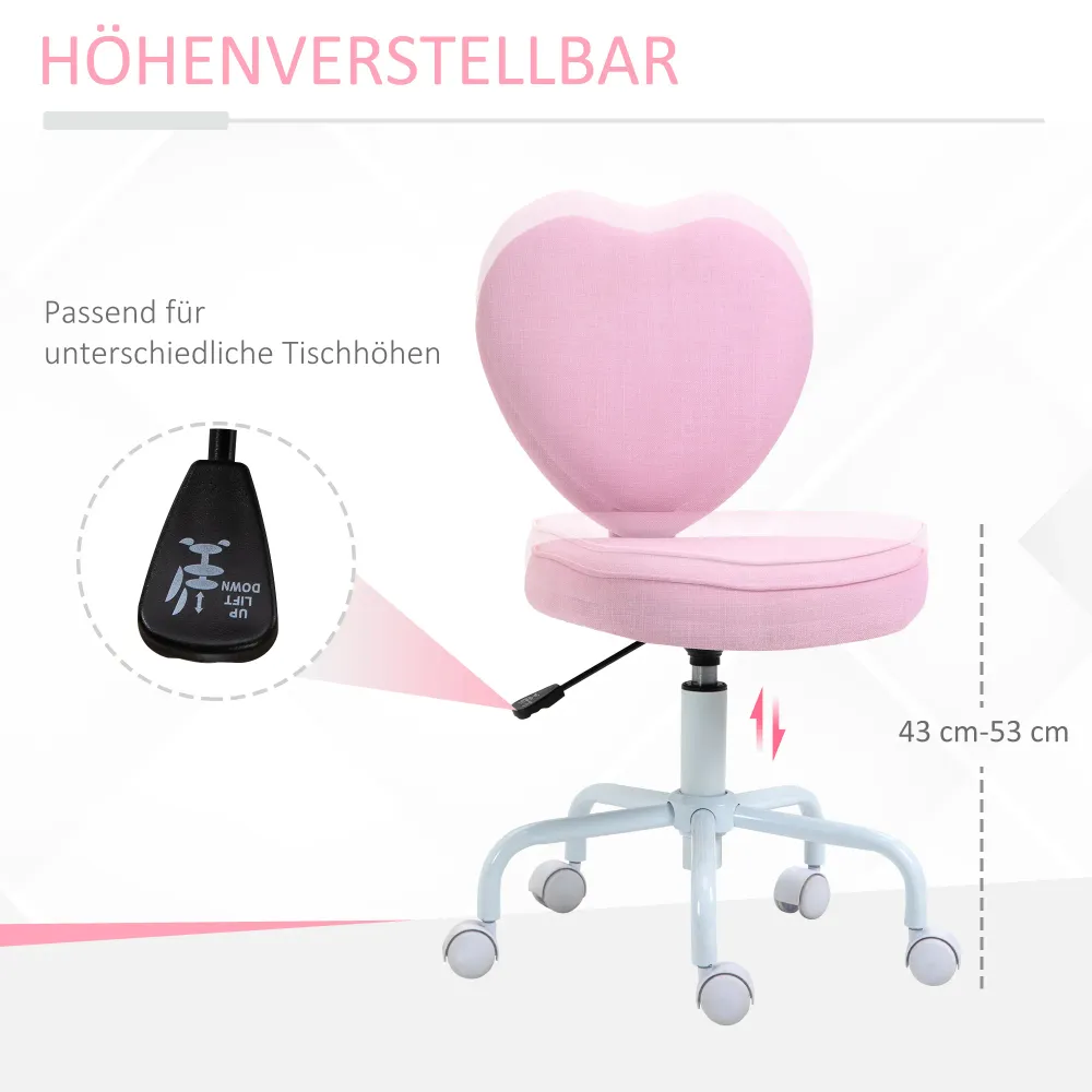 Drejestol, sødt hjertedesign, højdejusterbar, betræk i hørlook, rose, 42 x 50 x 79-89 cm