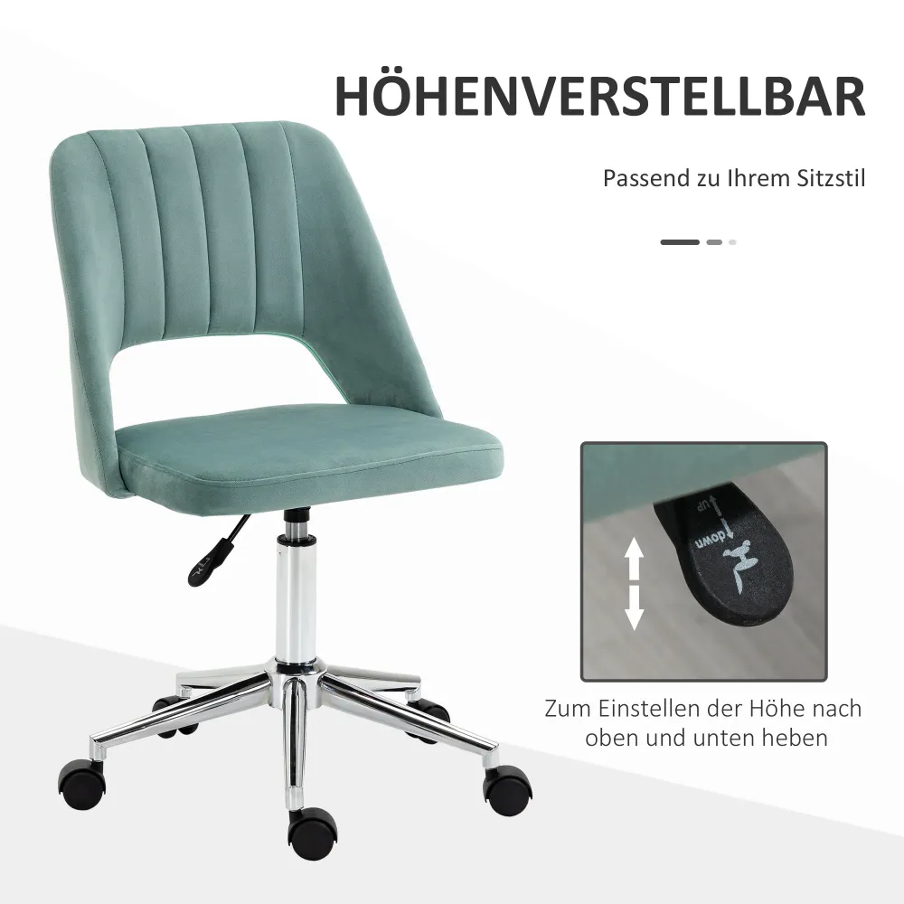 Højdejusterbar kontorstol med hjul, 360° drejelig, kammuslingeformet, skum, 49 x 60 x 79-91 cm, grøn