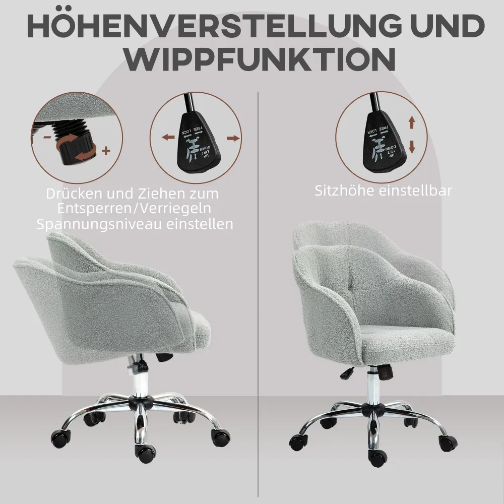 Hjemmekontorstol, anatomisk skrivebordsstol med vippefunktion, teddy velvet look, 56 x 61 x 86 cm, grå