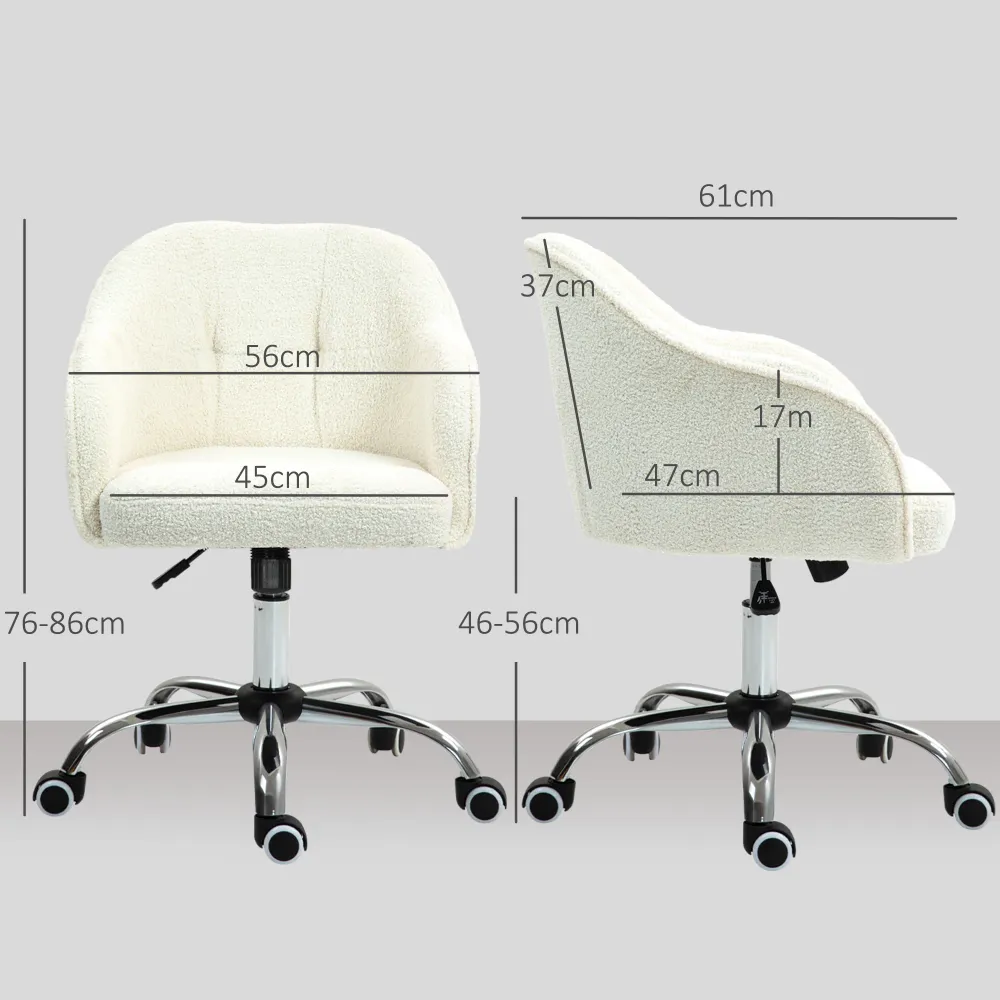 Hjemmekontorstol, supportive skrivebordsstol med vippefunktion, teddy velvet look 56 x 61 x 86 cm cremehvid
