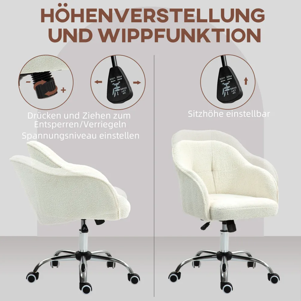 Hjemmekontorstol, supportive skrivebordsstol med vippefunktion, teddy velvet look 56 x 61 x 86 cm cremehvid