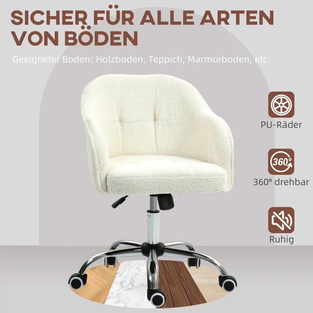 Hjemmekontorstol, supportive skrivebordsstol med vippefunktion, teddy velvet look 56 x 61 x 86 cm cremehvid