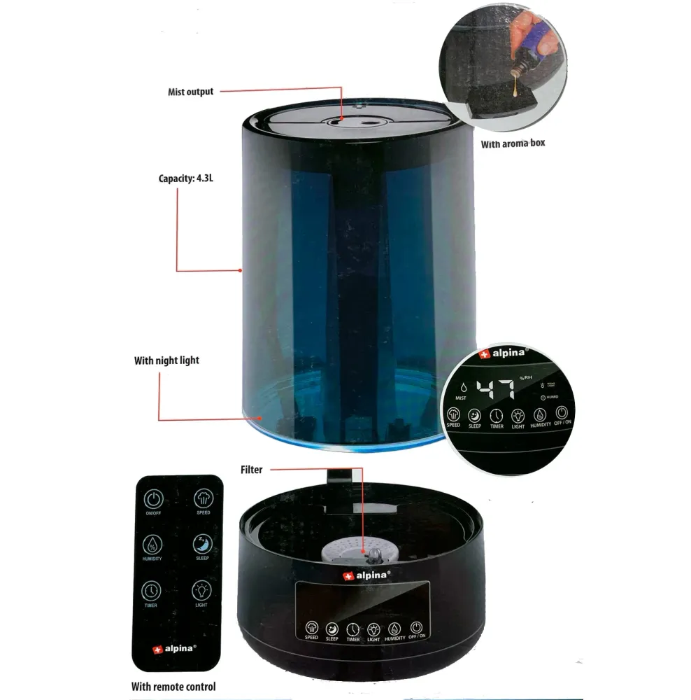 Grundig Luftfugter 4,3L med Fjernbetjening og Aroma funktion – Sort