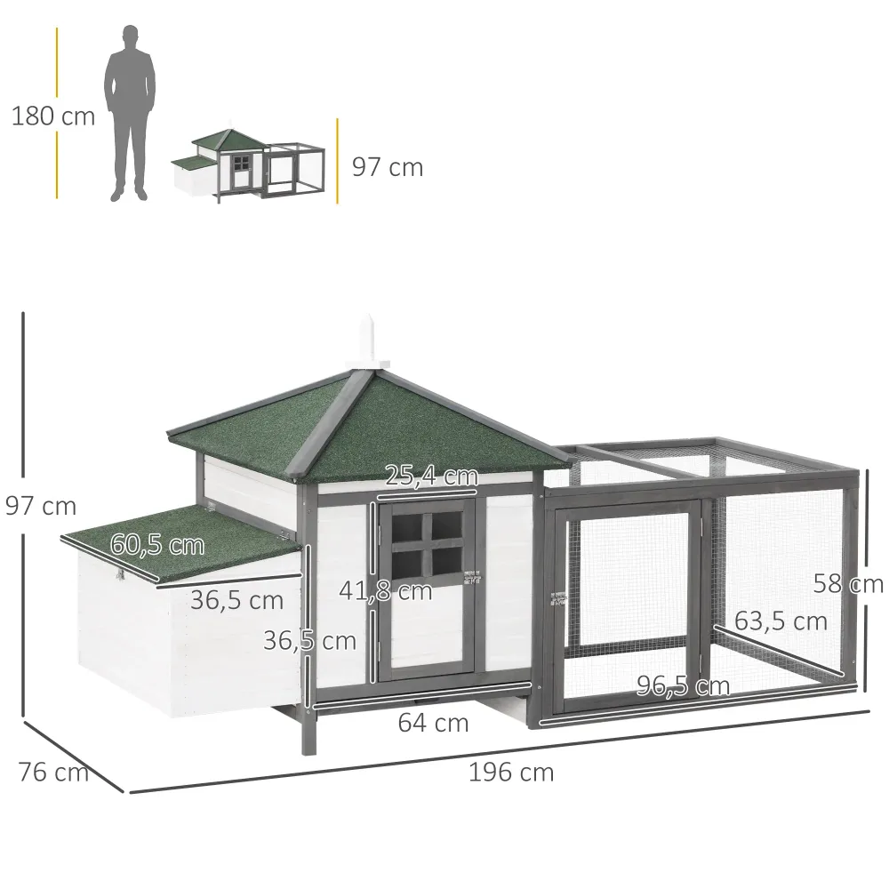 Hønsehus til dværghøns 196 x 76 x 97 cm hønsehus med redekasse, siddepind til fritgående høns, hønsehus af træ til små cos...