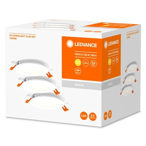 LEDVANCE indbygningsspot hvid, slank downlight med integreret driver, Ø 120 mm, lysfarve varm hvid (3000K), 8W, IP20, 3-pak