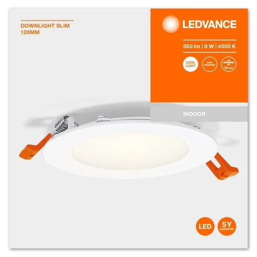 LEDVANCE RECESS SLIM DOWNLIGHT LED-loftslampe, Ø 120mm, 220...240V 8W / 4000K kølig hvid