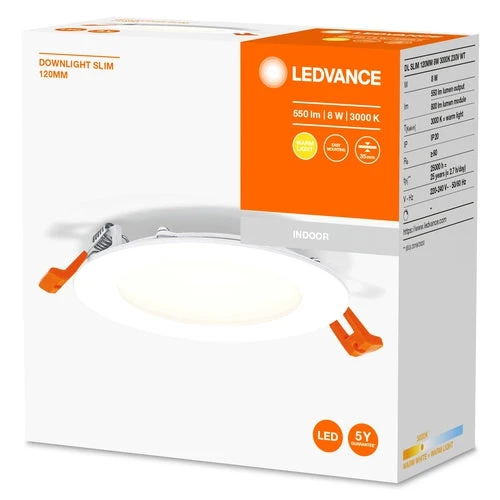 LEDVANCE RECESS SLIM DOWNLIGHT LED-loftslampe, Ø 120mm, 220...240V 8W / 3000K Varm hvid