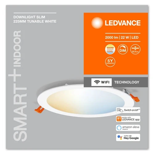 LEDVANCE Wifi SMART+ RECESS SLIM DOWNLIGHT Ø 225mm, T TW / 22 W Tunable White, 3000...6500K