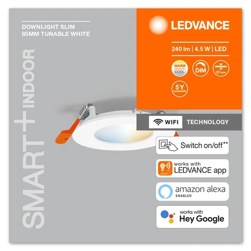 LEDVANCE Wifi SMART+ RECESS SLIM DOWNLIGHT, Ø 85mm TW / 4,50 W Tunable White, 3000...6500K,