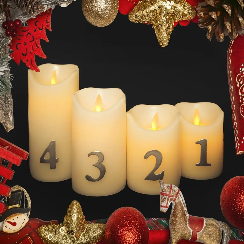 Adventslys LED m/timer og fjernbetjening - 4 stk. - 9/10/12,5/15 cm - m/3D flamme